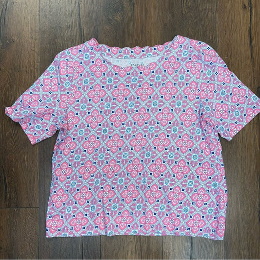 Talbots Pima cotton pink and blue scalloped neck tee SZ XL