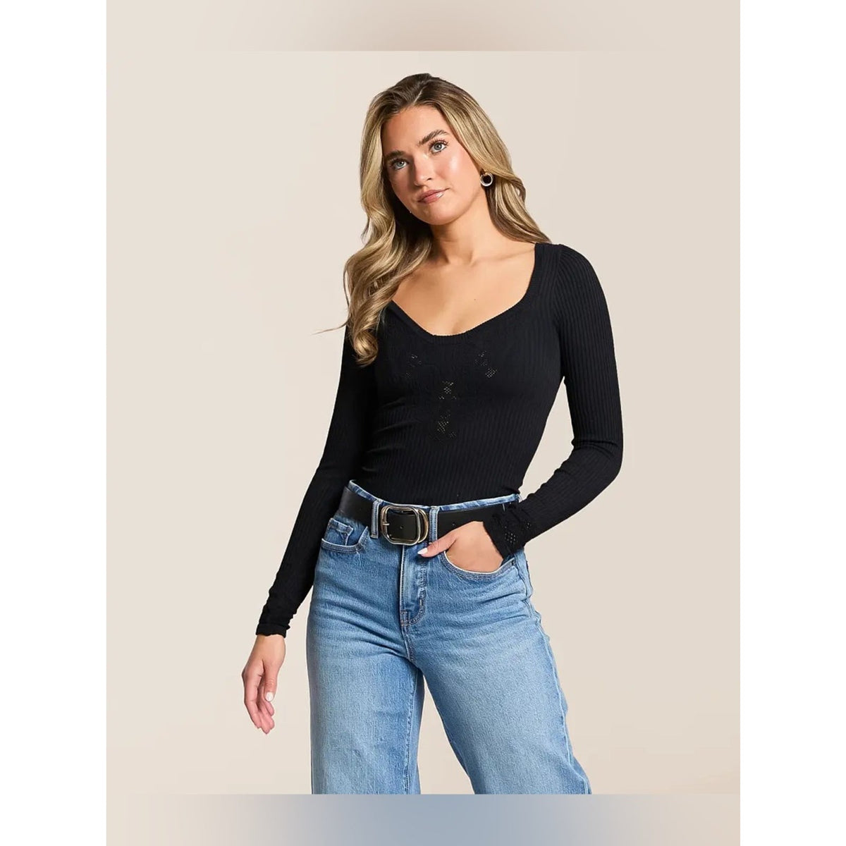 🆕 Free People Ribbed Scoop Neck Long-Sleeve Top-Black SZ M/L