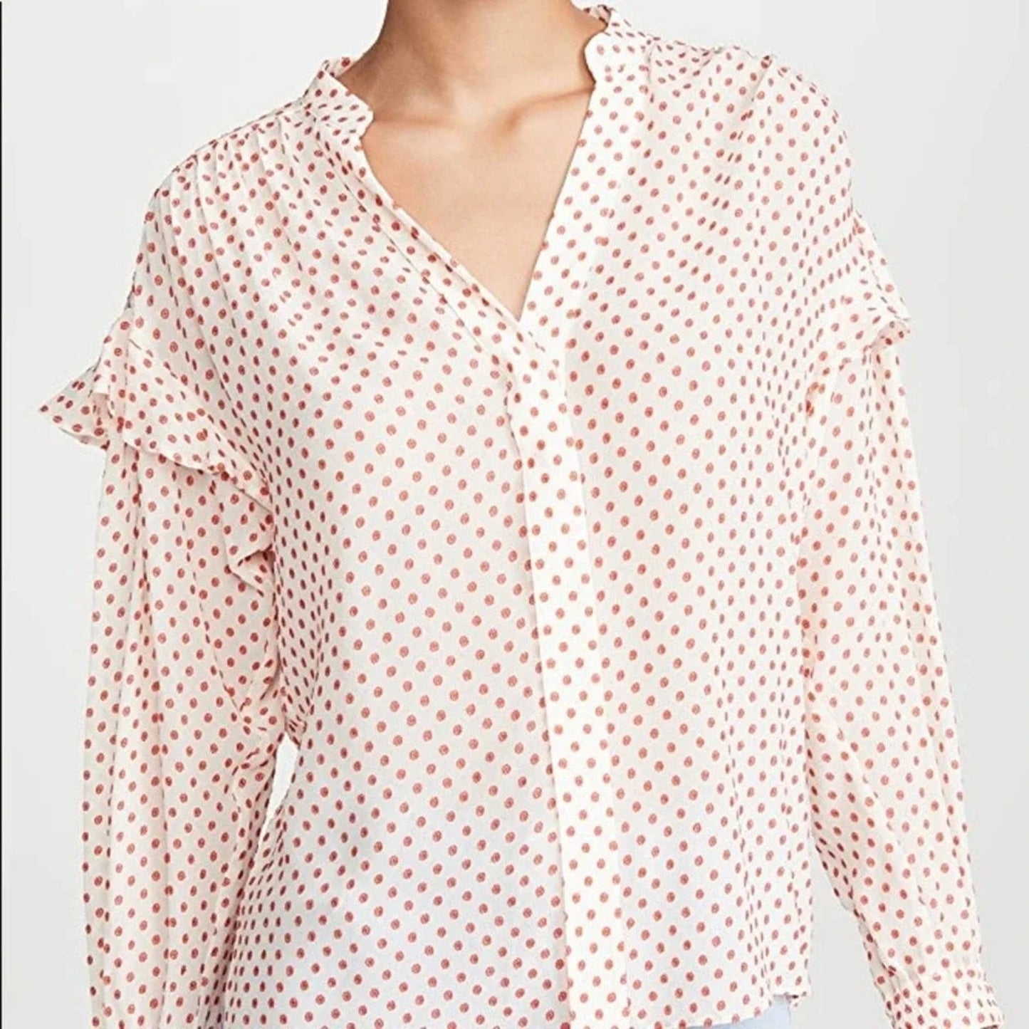 Derek Lam 10 Crosby Kaene Red & Cream Polka Dot Ruffle Blouse SZ 6