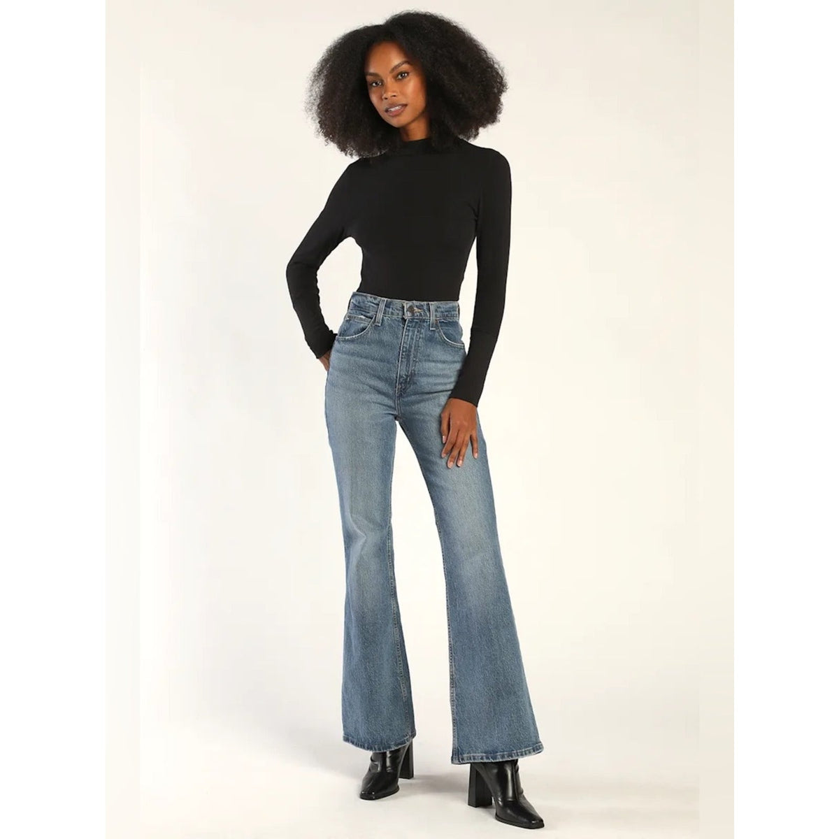 🆕 Free People The Rickie Black Ribbed Mock Neck Long Sleeve Top SZ LG