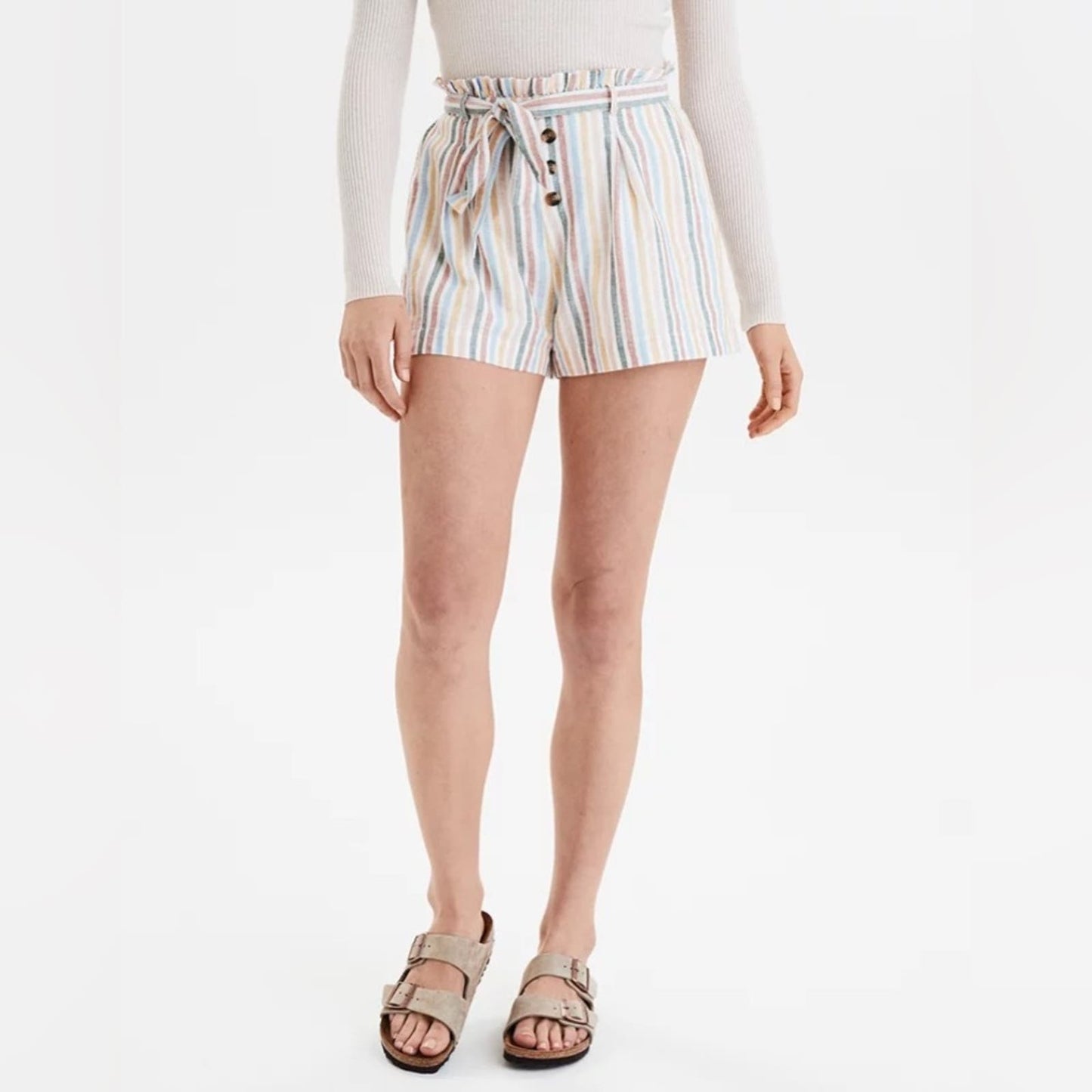 American Eagle High-Waisted Striped Button Front Paperbag Short SZ MED