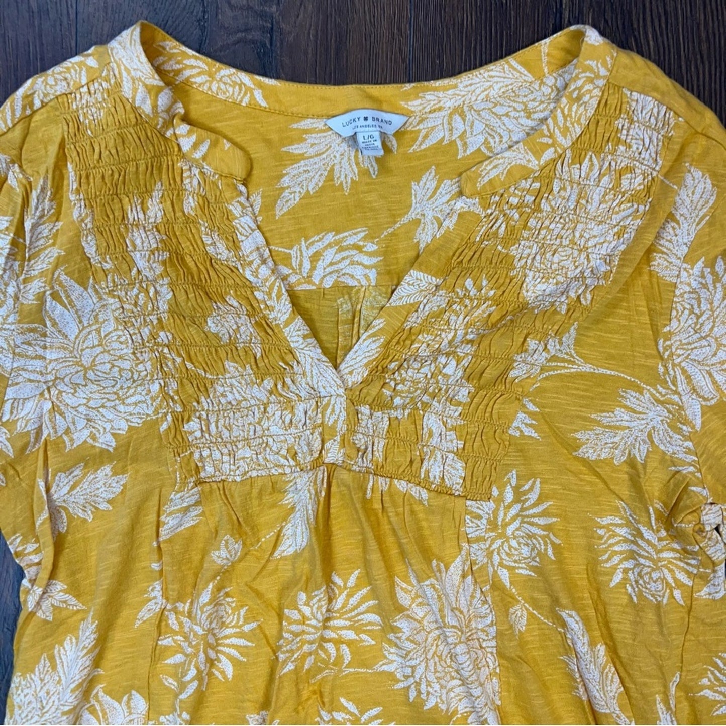 Lucky brand, yellow floral smocked blouse SZ LG