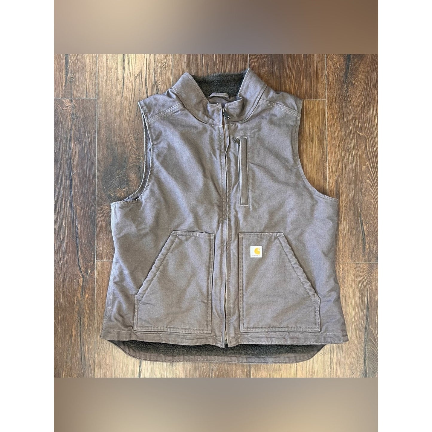 Carhartt Relaxed Fit Washed Duck Sherpa Lined Vest Taupe Grey SZ LG