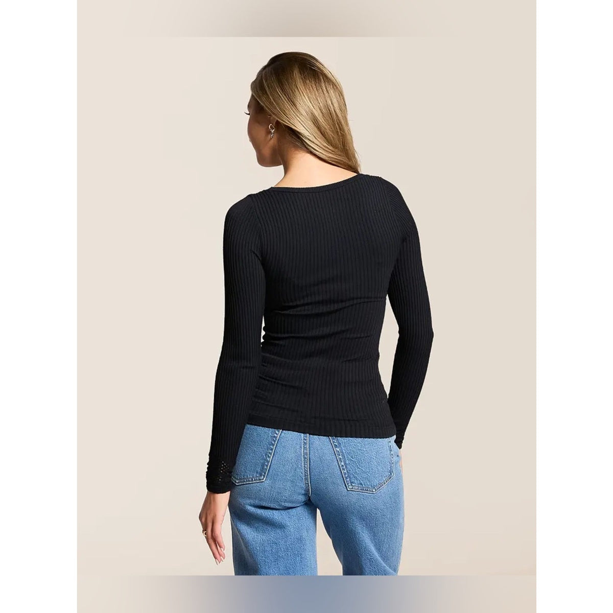 🆕 Free People Ribbed Scoop Neck Long-Sleeve Top-Black SZ M/L