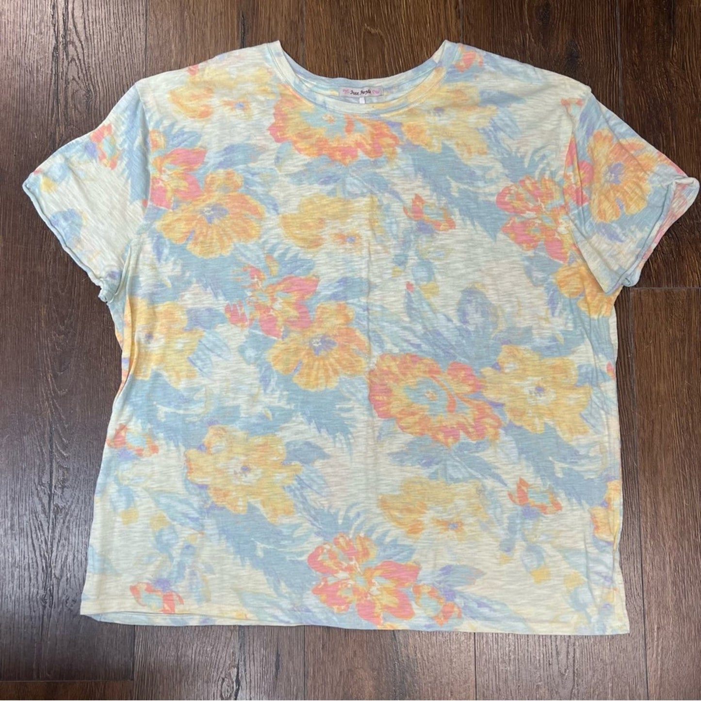 Free people yellow pink floral printed clarity tee top SZ LG