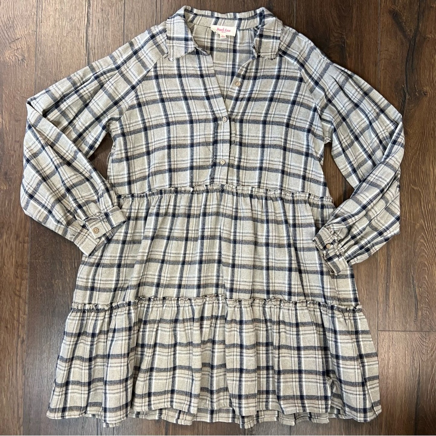Peach Love California Tan Plaid Tiered Dress SZ LG