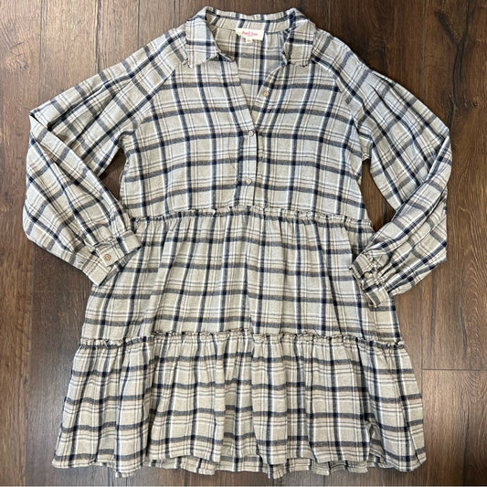 Peach Love California Tan Plaid Tiered Dress SZ LG