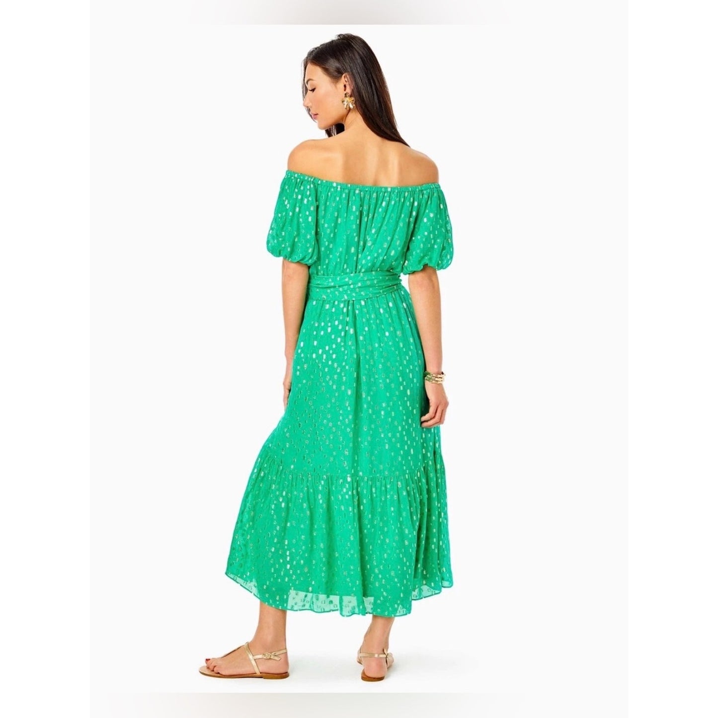 🆕 Lilly Pulitzer Tamie Off The Shoulder Midi Dress Botanical Green Metallic SZ L