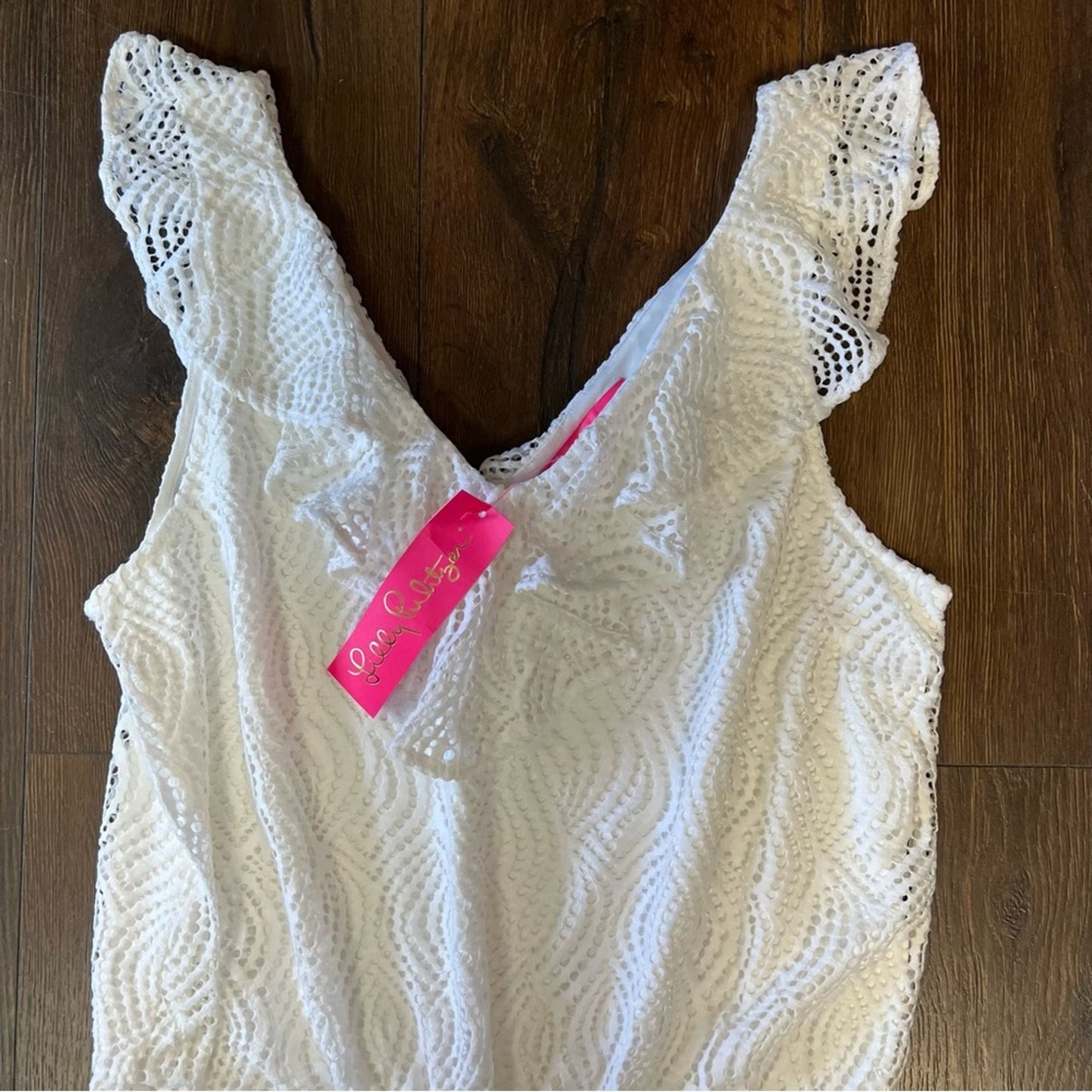🆕 Lilly Pulitzer Alessa Romper in White Flowing Leaf Lace SZ LG