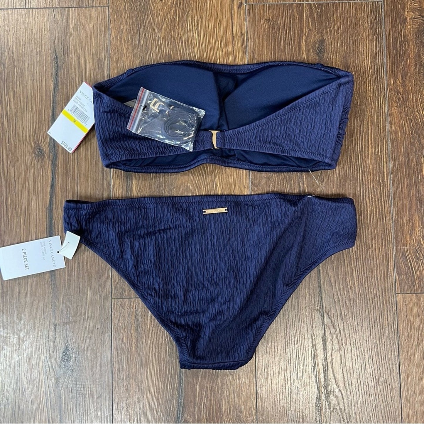 🆕 Vince Camuto Navy Smocked Bandeau Bikini SZ MED