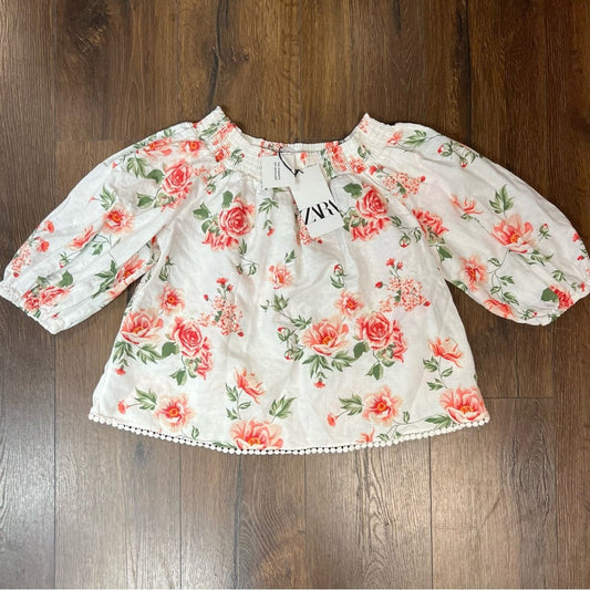 🆕 ZARA linen blend floral blouse SZ MED
