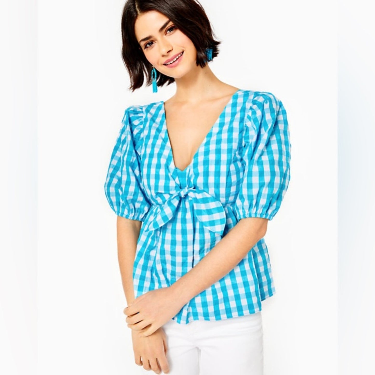 🆕 Lilly Pulitzer Sarafina Gingham turquoise oasis Babydoll Top SZ 8