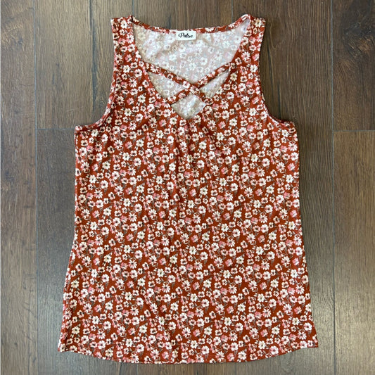 Pulse Boutique rust floral crisscross tank SZ MED