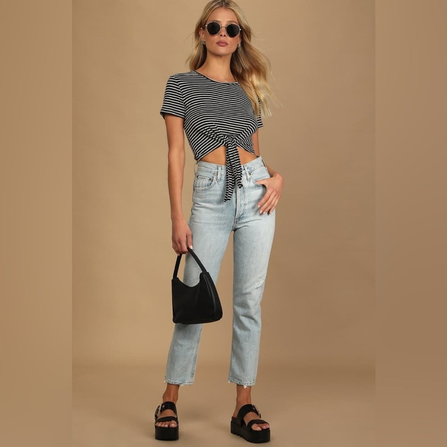 🆕 Lulu’s Take the Lead Black Striped Tie-Front Crop Top SZ XL