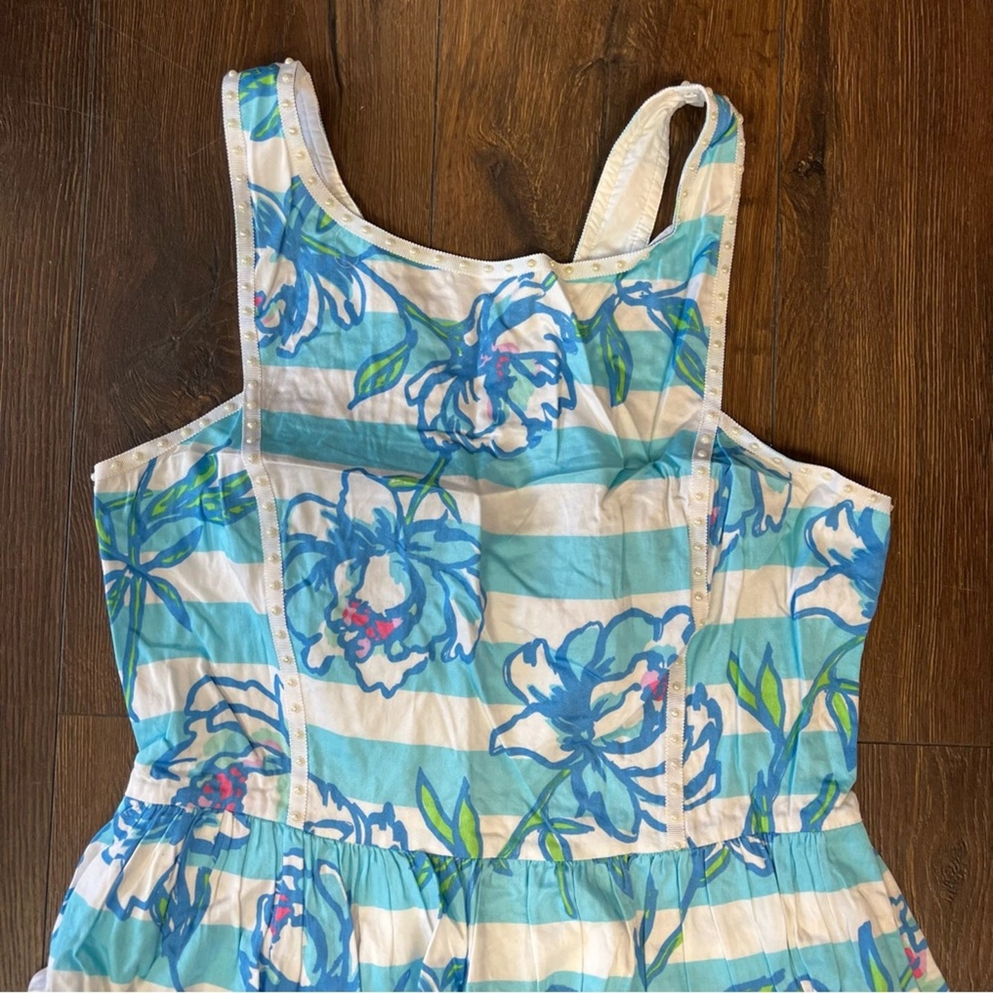 Lilly Pulitzer Sandrine Dress Shorely Blue Floral Striped Tossing The Line SZ 12