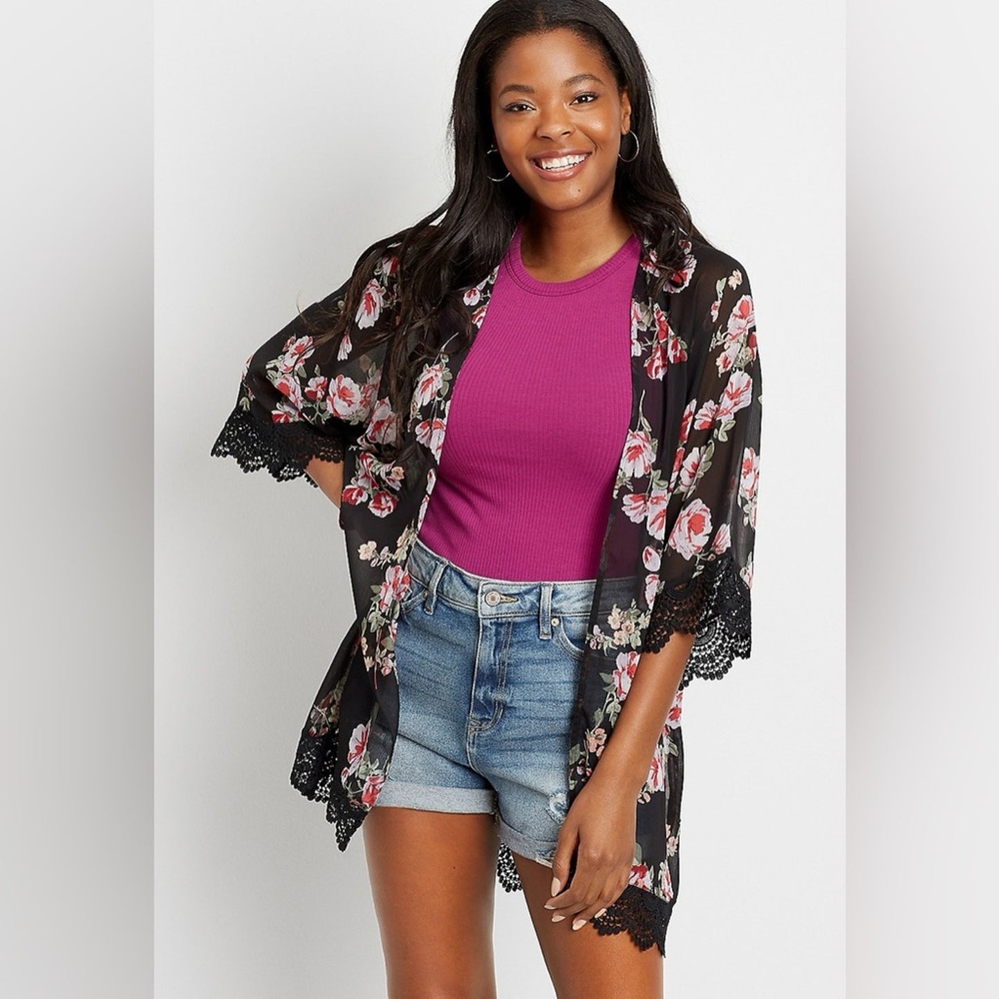 Maurices black floral crochet trim kimono SZ MED