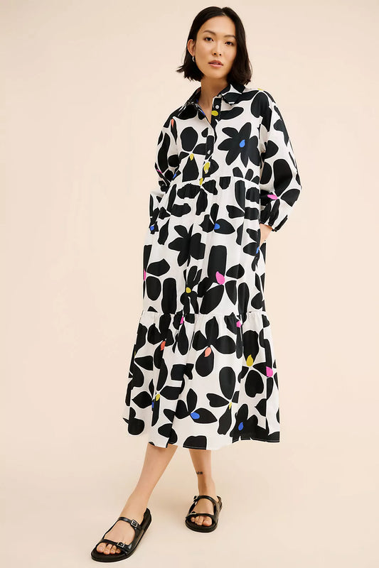 🆕 Anthropologie The Bettina Tiered Midi Maxi Shirt Dress Black Multi Combo SZ SM