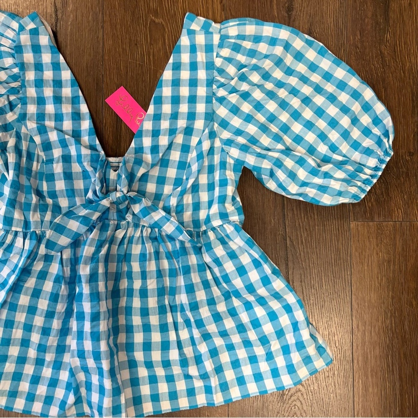 🆕 Lilly Pulitzer Sarafina Gingham turquoise oasis Babydoll Top SZ 8