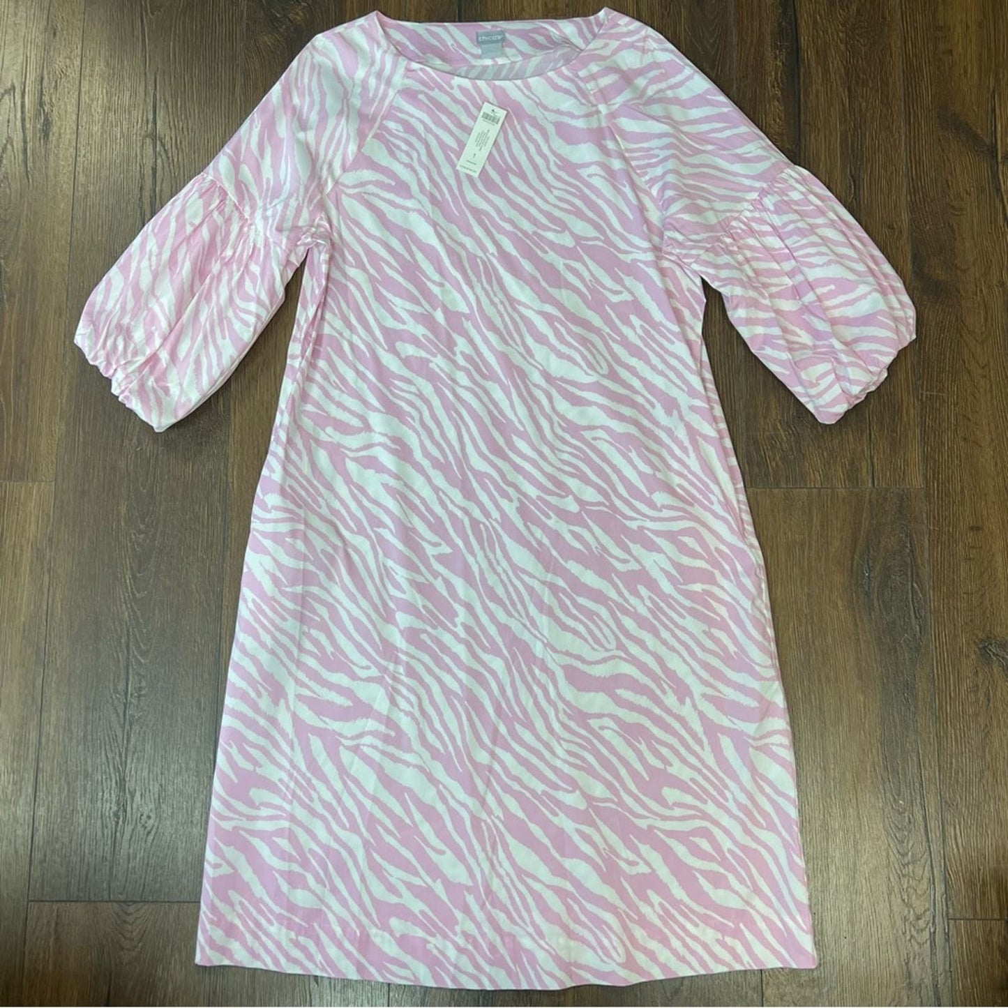 🆕 Chico’s Balloon-Sleeve Zebra-Print Midi Dress SZ 1/8-10