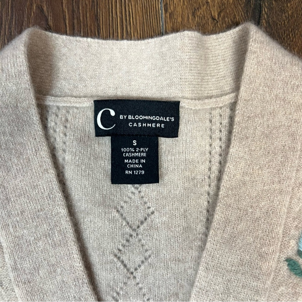 C‎ by Bloomingdale's Cashmere Tan & Blue Floral Grandfather Cardigan SZ SM