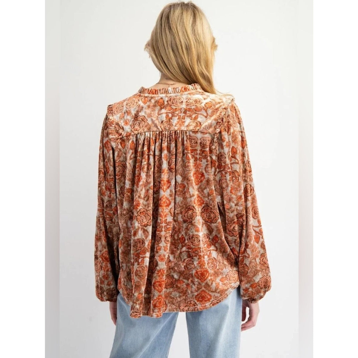 🆕 Easel Floral Velvet Peasant Blouse -Burnt Orange SZ MED