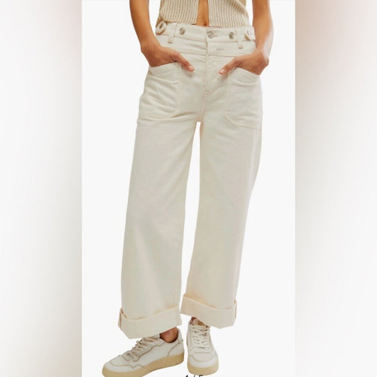 NEW Free People Cream Denim Wide Leg Pants SZ 30