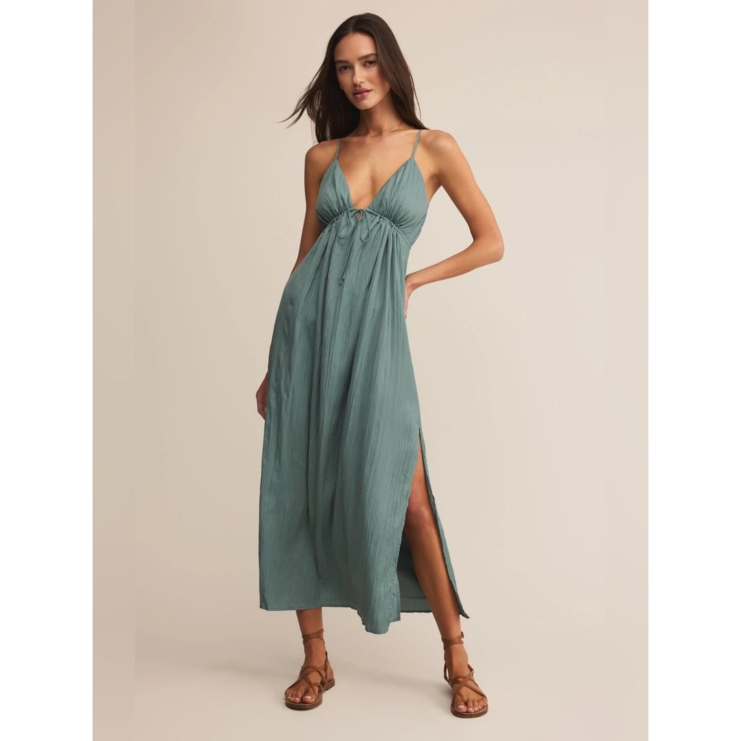 🆕 Z SUPPLY-MANON SATIN MAXI SLIP DRESS W/ SIDE SLIT IN SEA PINE NWT SZ MED