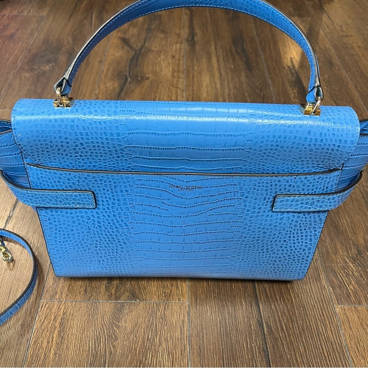 Henri Bendel large blue crocodile embossed Uptown Satchel