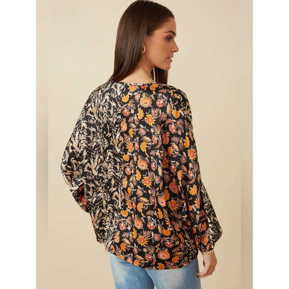 🆕 Hayden Mixed-Print Black Floral Tie-Neck Blouse SZ LG