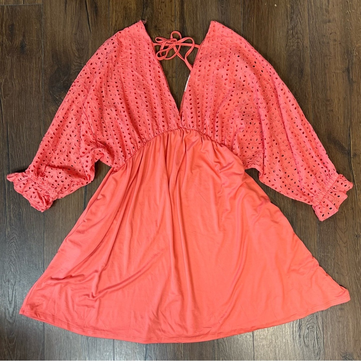 Ninexis Cotton eyelet contrast bodice with 3/4 sleeve dress SZ LG