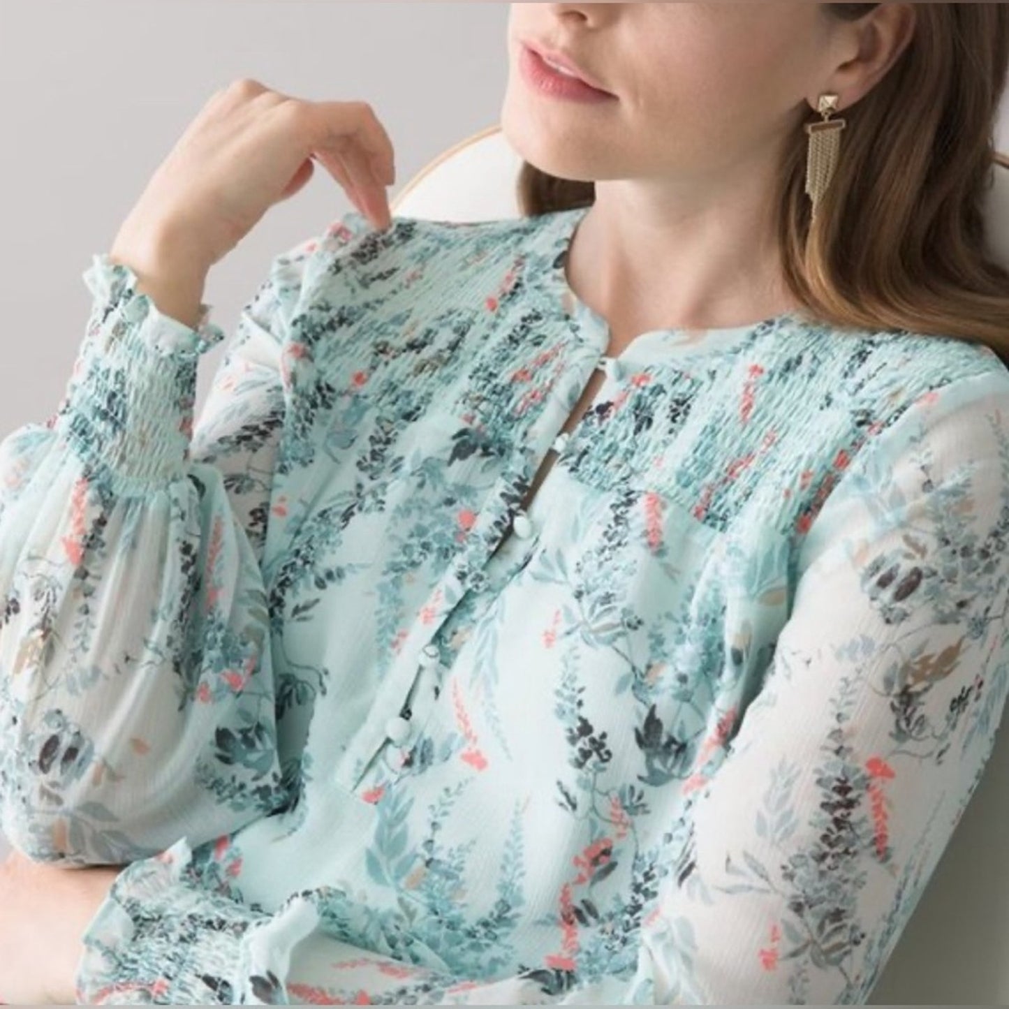 🆕 White House Black Market wisteria sea breeze smocked blouson dress SZ LG