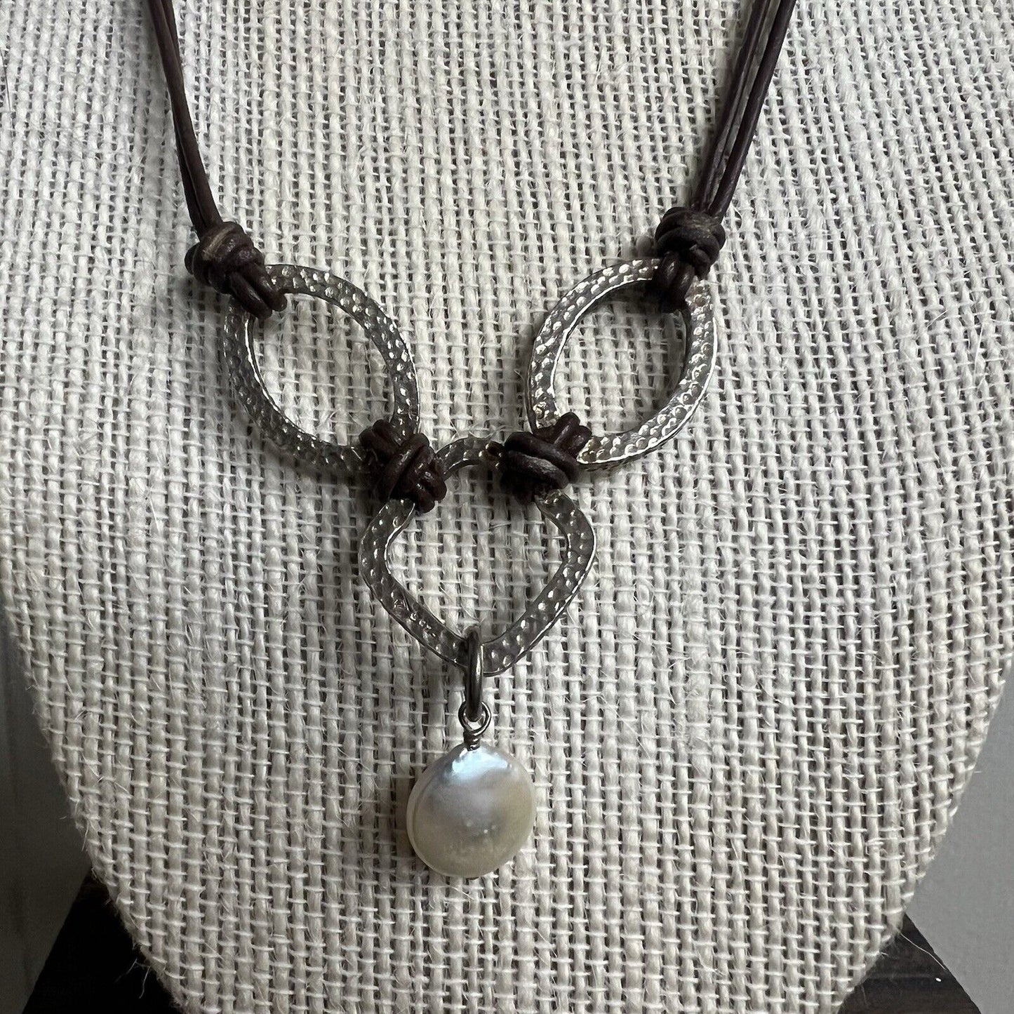 Silpada Coin Pearl Brown Leather Hammered Sterling Silver Necklace N1257