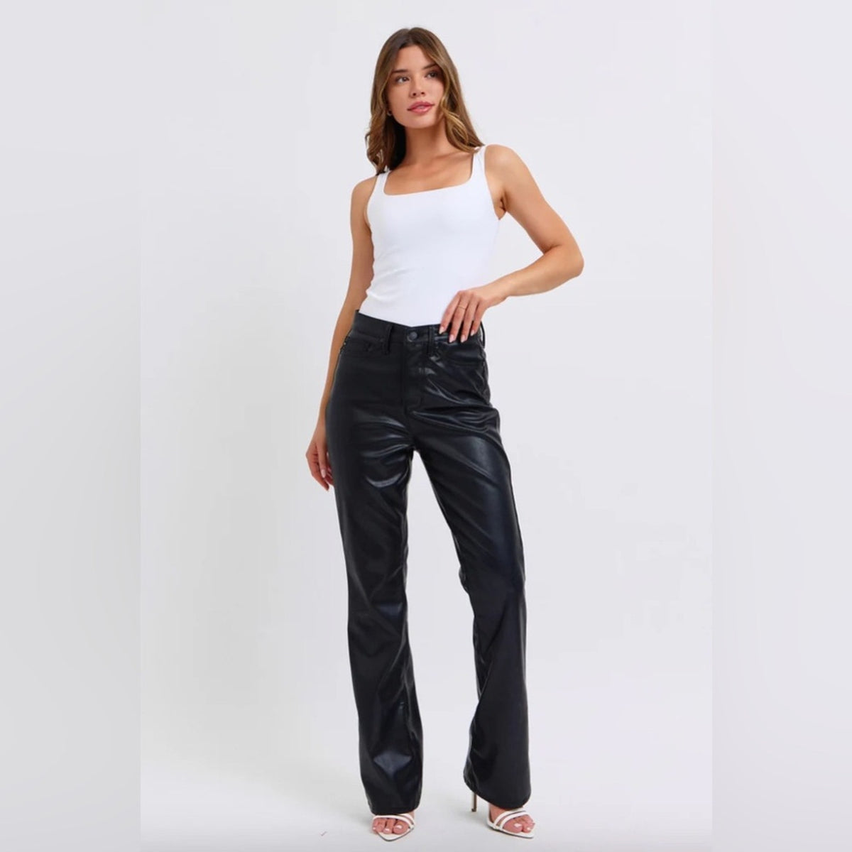 🆕 Judy Blue Tummy Control Black Faux Leather Bootcut Pants SZ 7/28