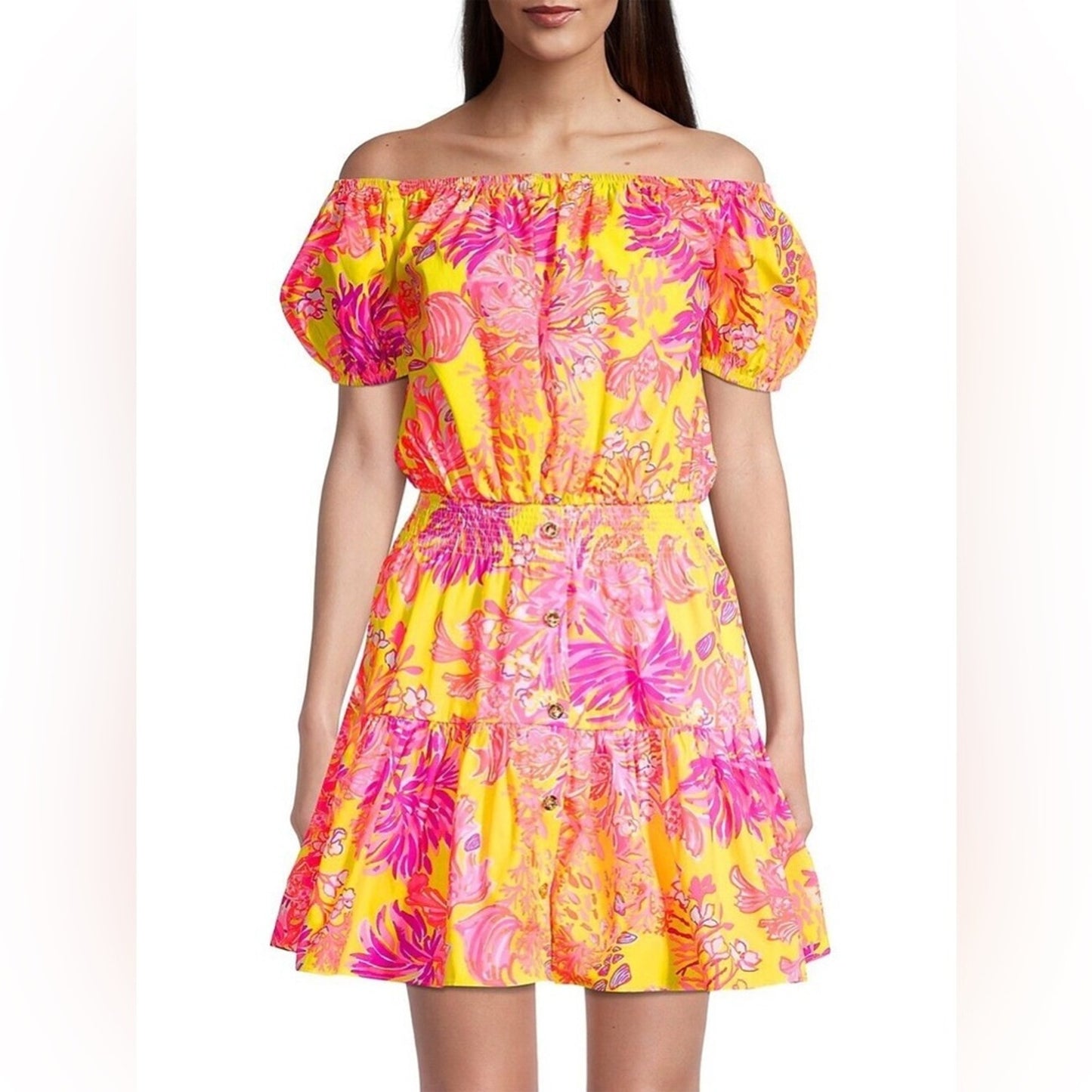 🆕 Lilly Pulitzer Jesiba Off-The-Shoulder Romper Calla Yellow Floral Coral SZ LG