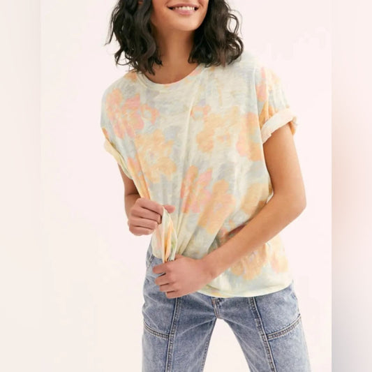 Free people yellow pink floral printed clarity tee top SZ LG