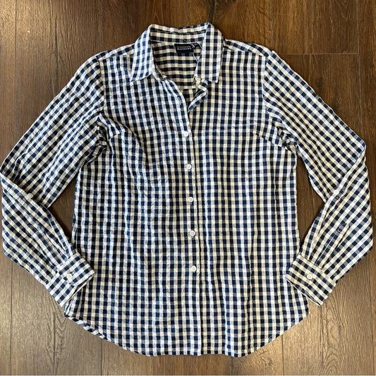Madison and Mathews navy and white gingham button-down SZ SM