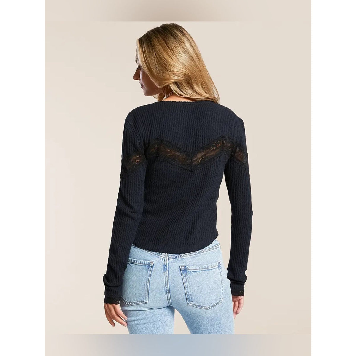 🆕 Free People Black Lace-Trim Ribbed Button-Front Cardigan SZ LG