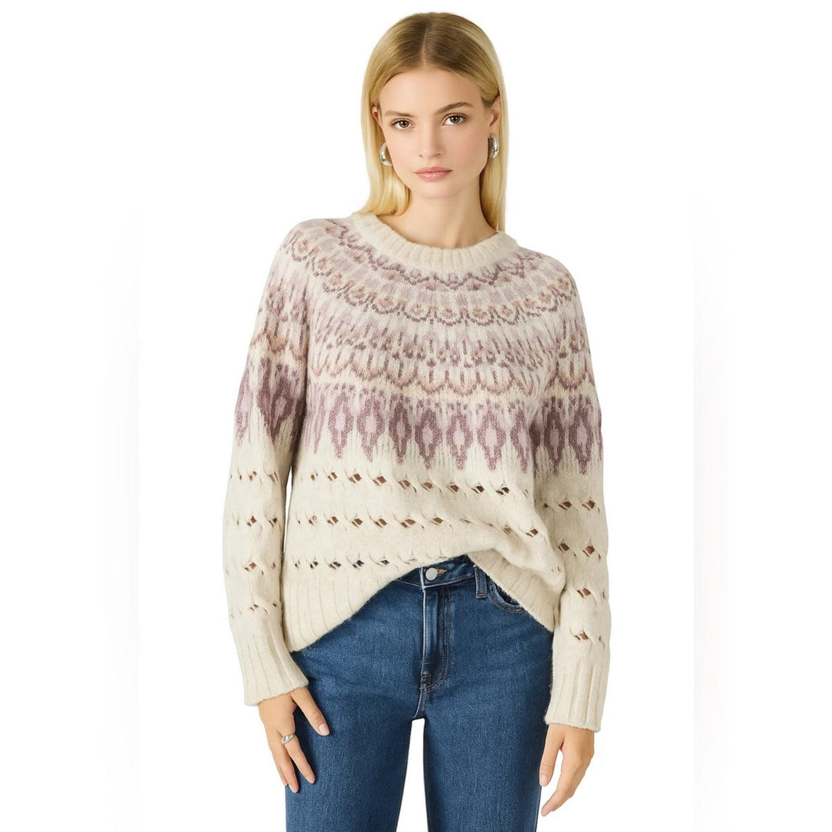 🆕 Steve Madden Suzette Fair Isle Crewneck Sweater-Cream/Pink SZ SM