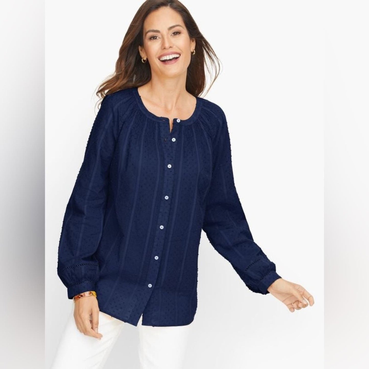 Talbots swiss dot smock neck top SZ MED