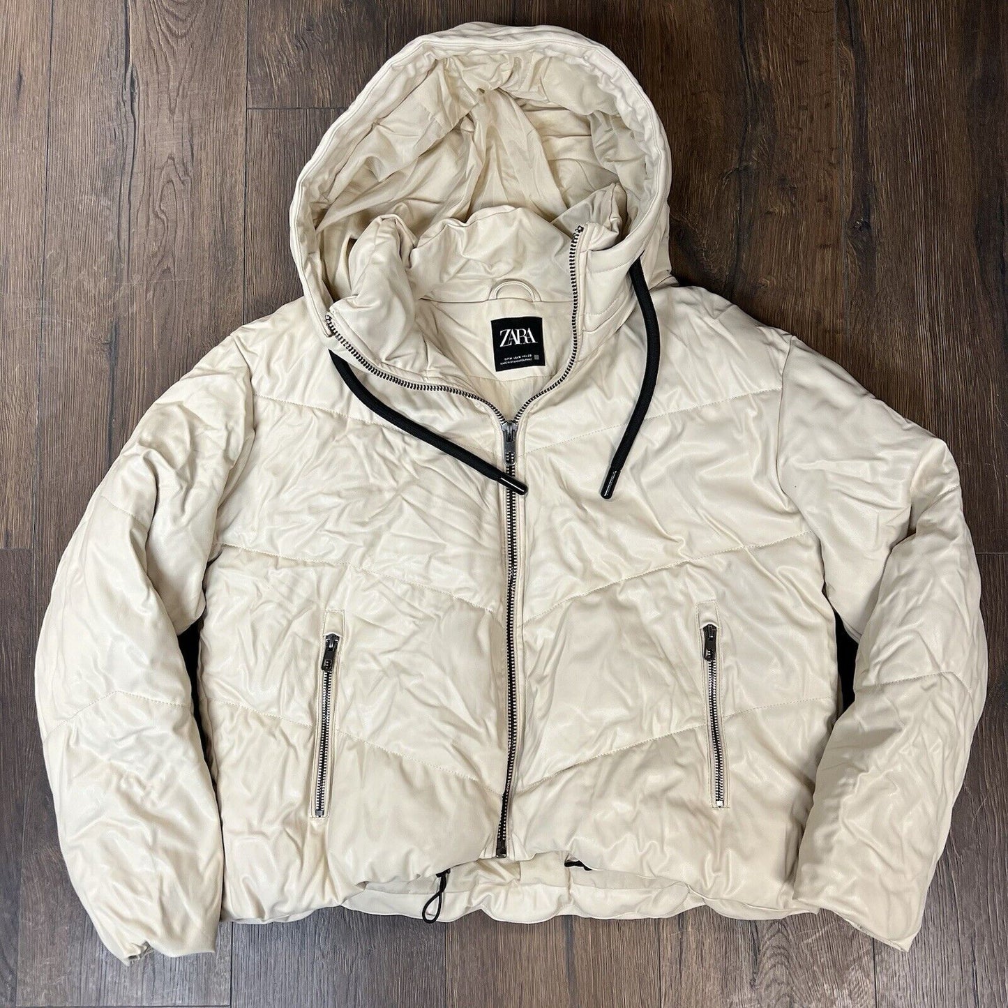 Zara Cream faux leather Puffer Jacket Size Med