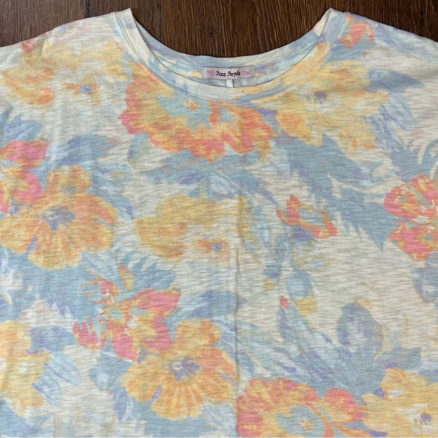 Free people yellow pink floral printed clarity tee top SZ LG
