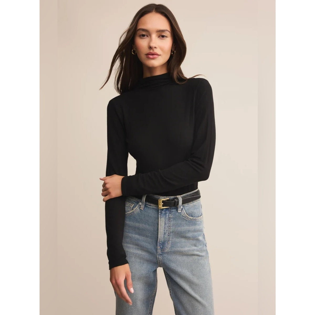 🆕 Z Supply Lira Black Long-Sleeve Mock Neck Top NWT SZ SM