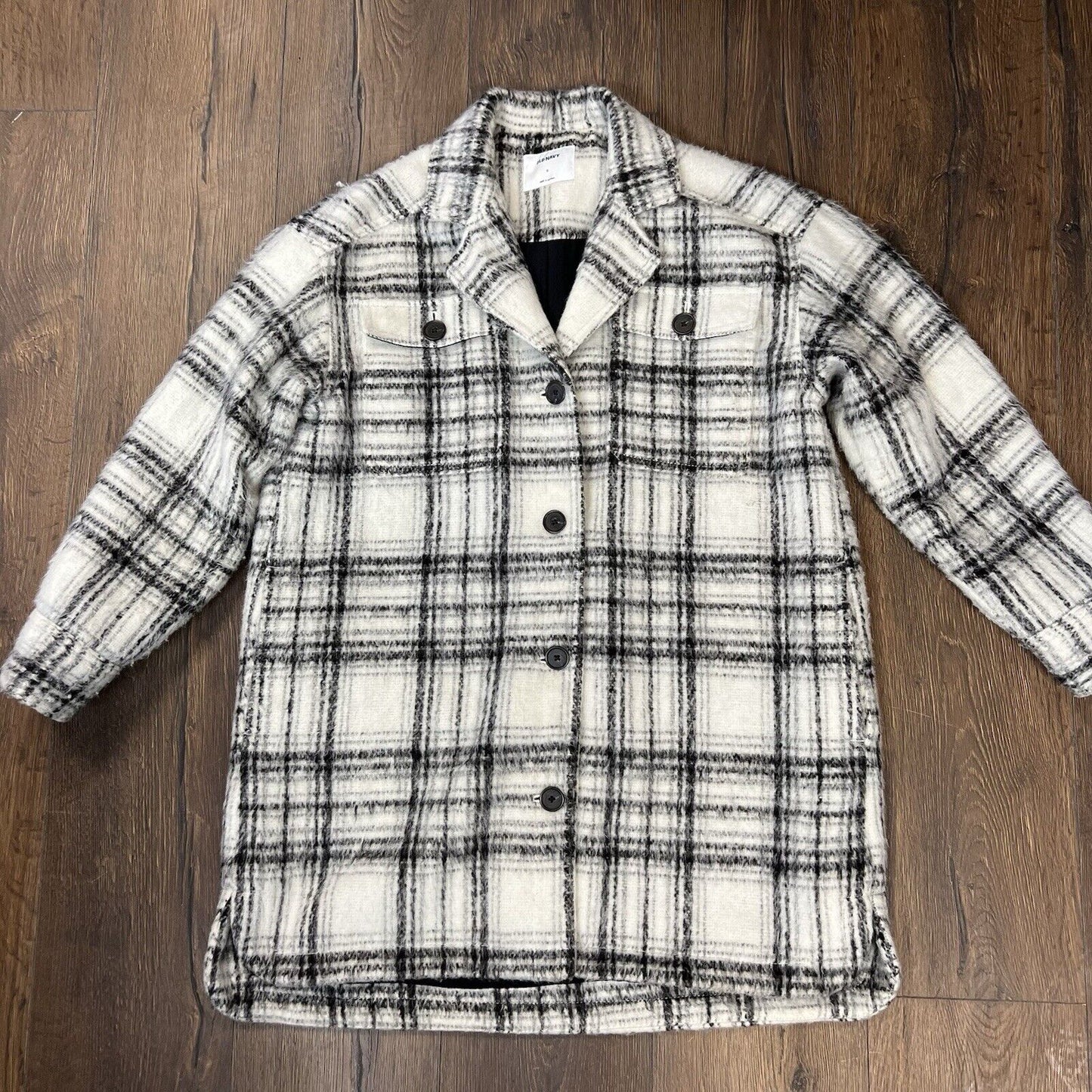 Old Navy Oversized Soft-Brushed White And Black Plaid Long Shirt Jacket SZ SM