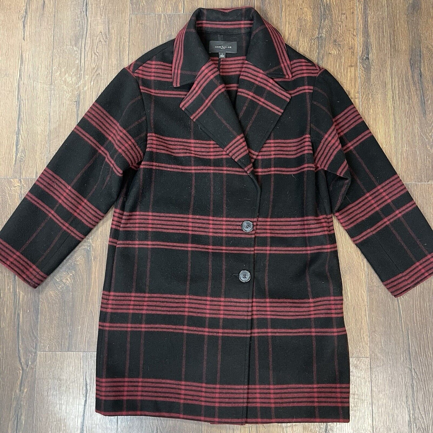 Ann Taylor black and burgundy plaid dress coat Size Med