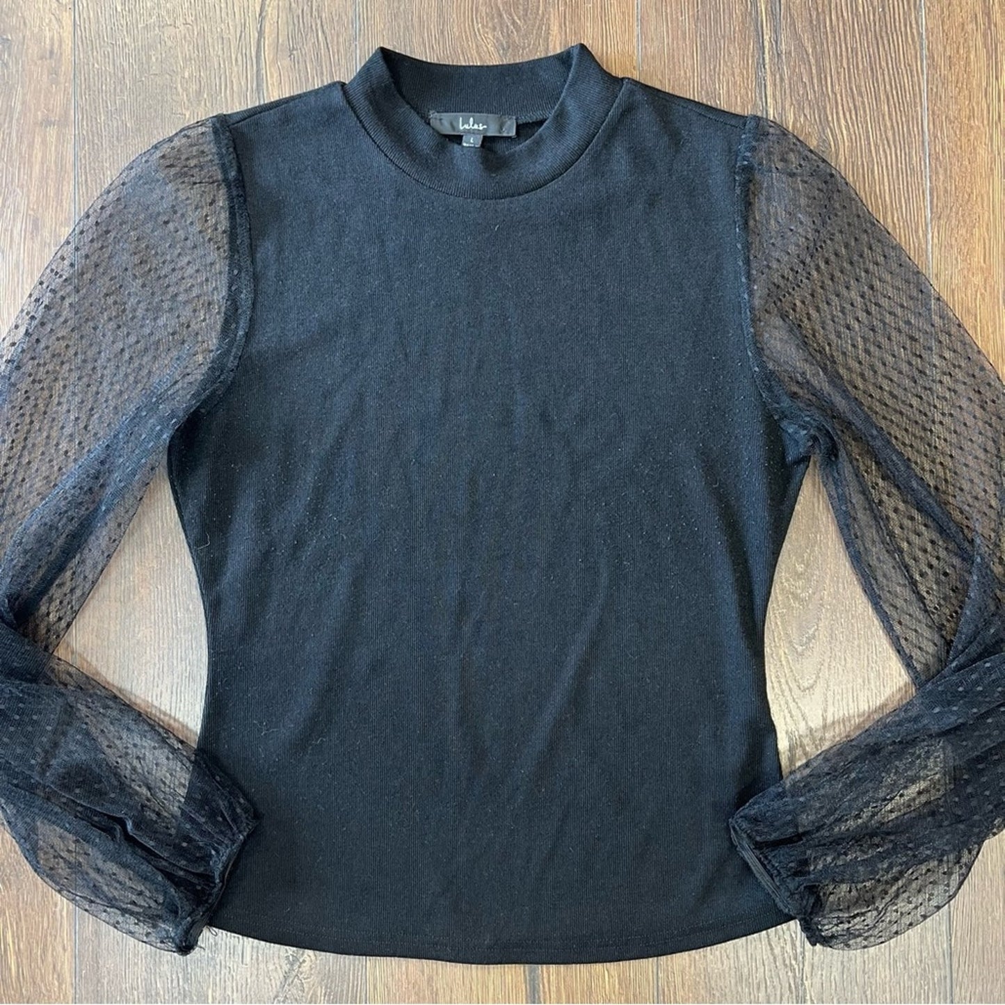 Lulu’s Try To Keep Up Black Mesh Balloon Sleeve Mock Neck Top SZ LG