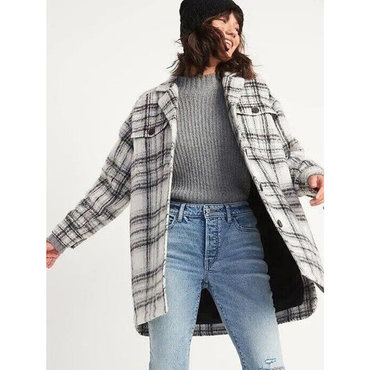 Old Navy Oversized Soft-Brushed White And Black Plaid Long Shirt Jacket SZ SM