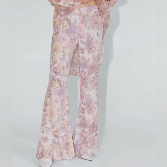 ZARA Pink Floral High Rise Flare Pants SZ XL