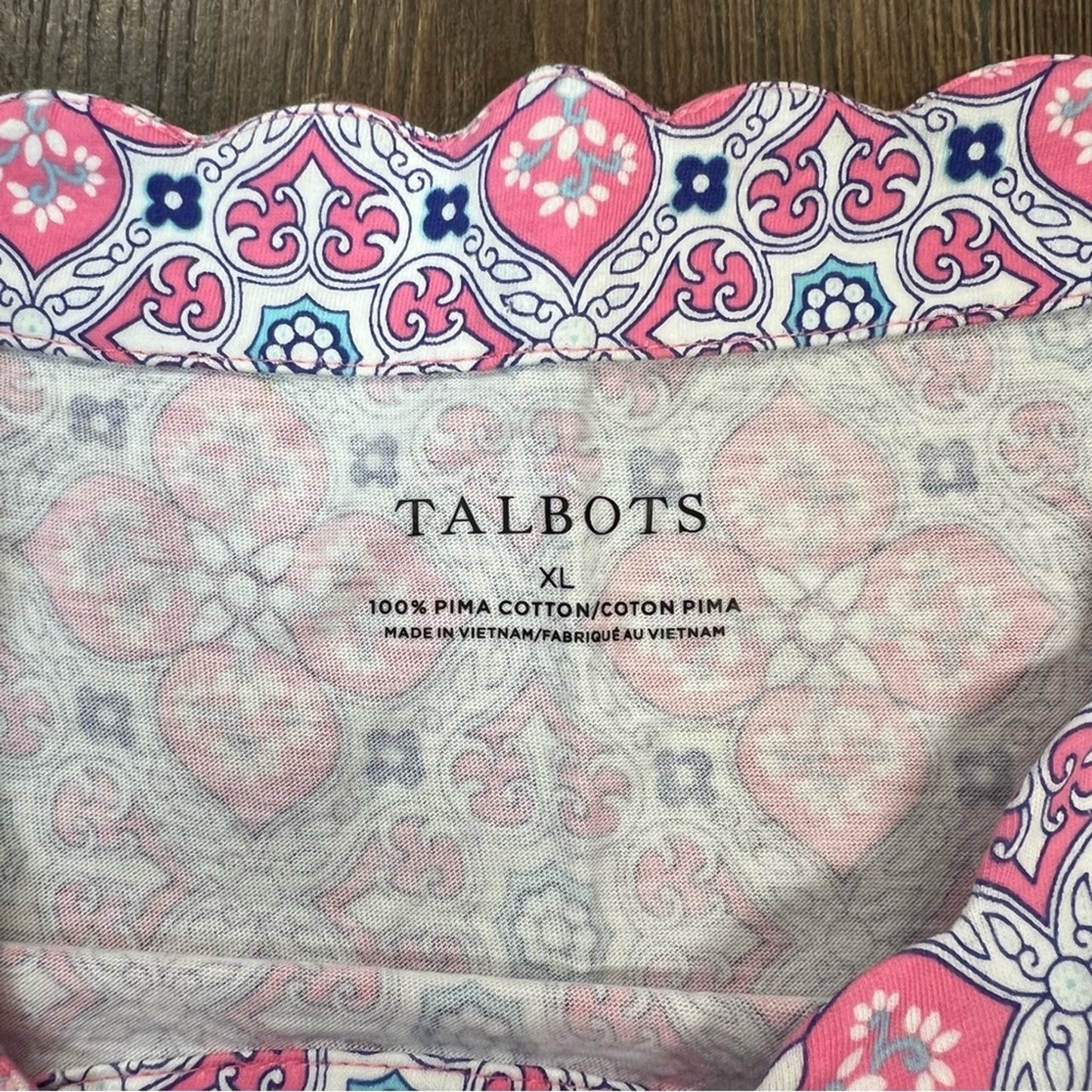 Talbots Pima cotton pink and blue scalloped neck tee SZ XL