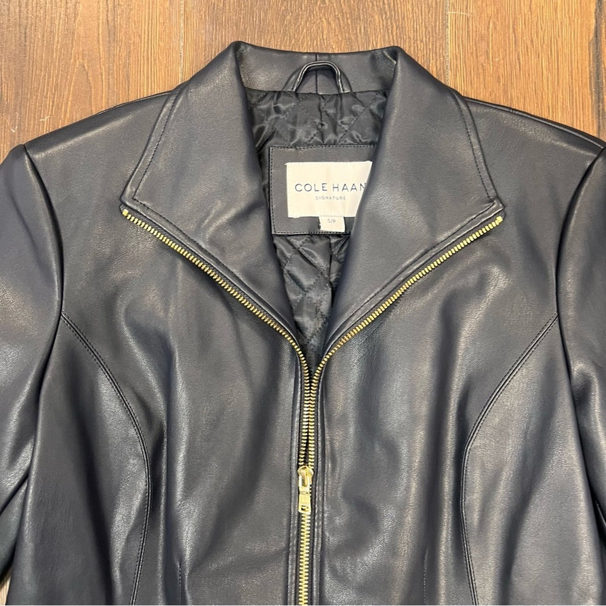 Cole Haan Navy Wing Collar Faux Leather Leather‎ Jacket SZ SM