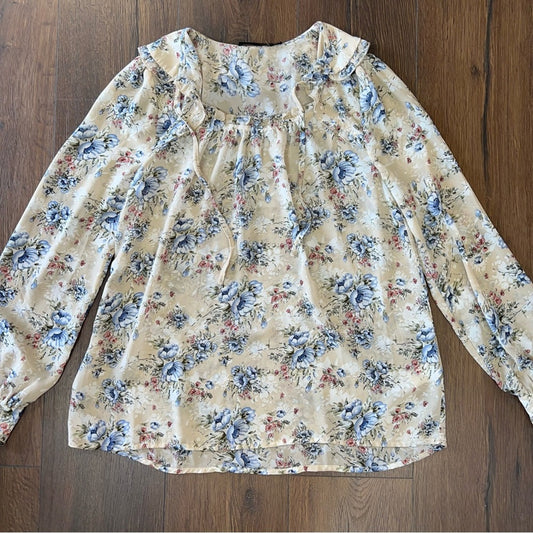 Doe & Rae ruffle neck, floral blouse SZ SM